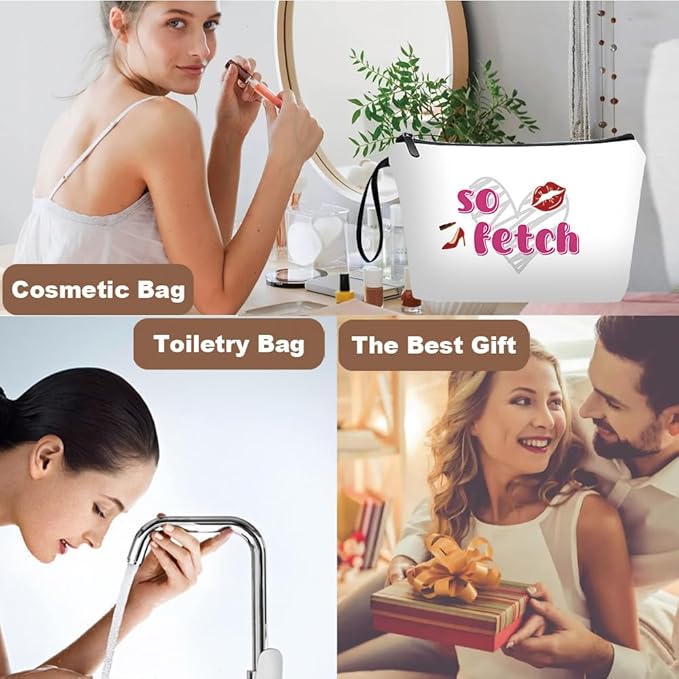 Personalized funny so fetch Makeup Bag set with Mirror for Women,cool white Cosmetic bag kit for Bride Bridesmaid with pink brush set,so fetch Gifts for Women Mom Girls femal Friends
