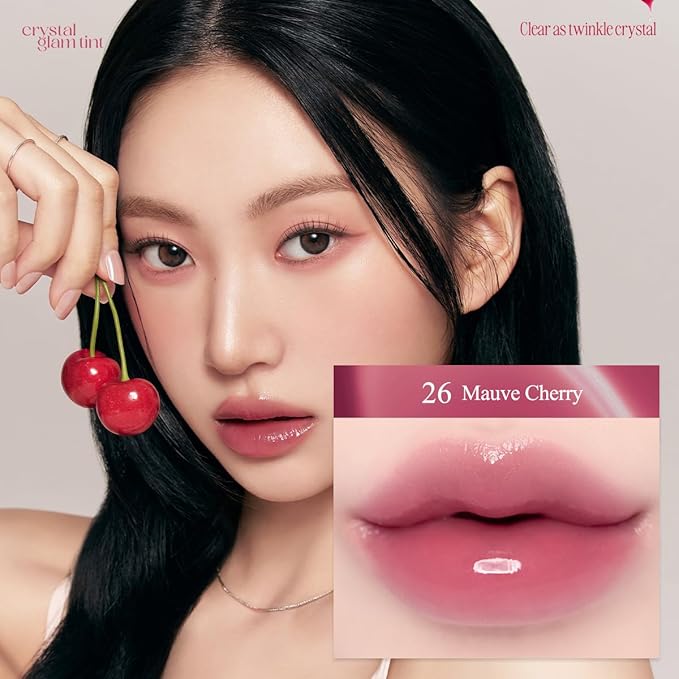 CLIO Crystal Glam Tint, Glossy Lip Tint with Glass-Like Shine, Lightweight Buildable Lip Stain, Long-Lasting Color, Non-Sticky, Rose Extract, Korean Lip Tint (26 MAUVE CHERRY)
