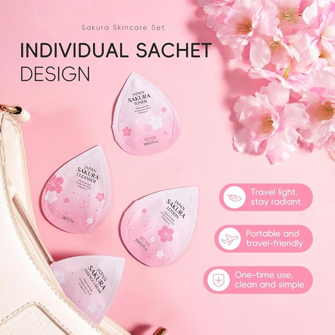Sakura Travel Skincare Sets, 60pcs Mini Travel Skin Care kit Including Cleanser, Toner, Lotion, Serum, Cream, Sleepping Mask
