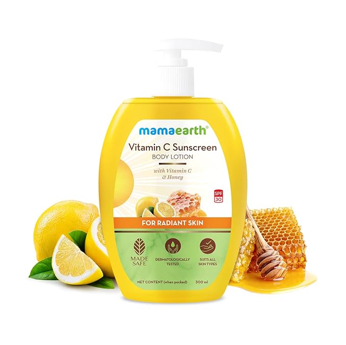 Mamaearth Vitamin C SPF 30 Sunscreen Body Lotion | Helps Prevent Tanning & Adds Glow to Skin | Lightewieght & Non-Greasy | Suits All Skin Types | 10.14 Fl Oz/300ml