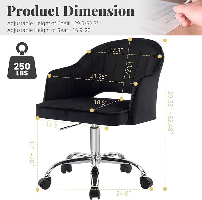 MOJAY Modern Vanity Chair with Wheels, Mid-Back Cutout Velvet Home Office Chair, Swivel Height-Adjustable Soft Seat Cute Desk Chair with Arm Support (Midnight Black)