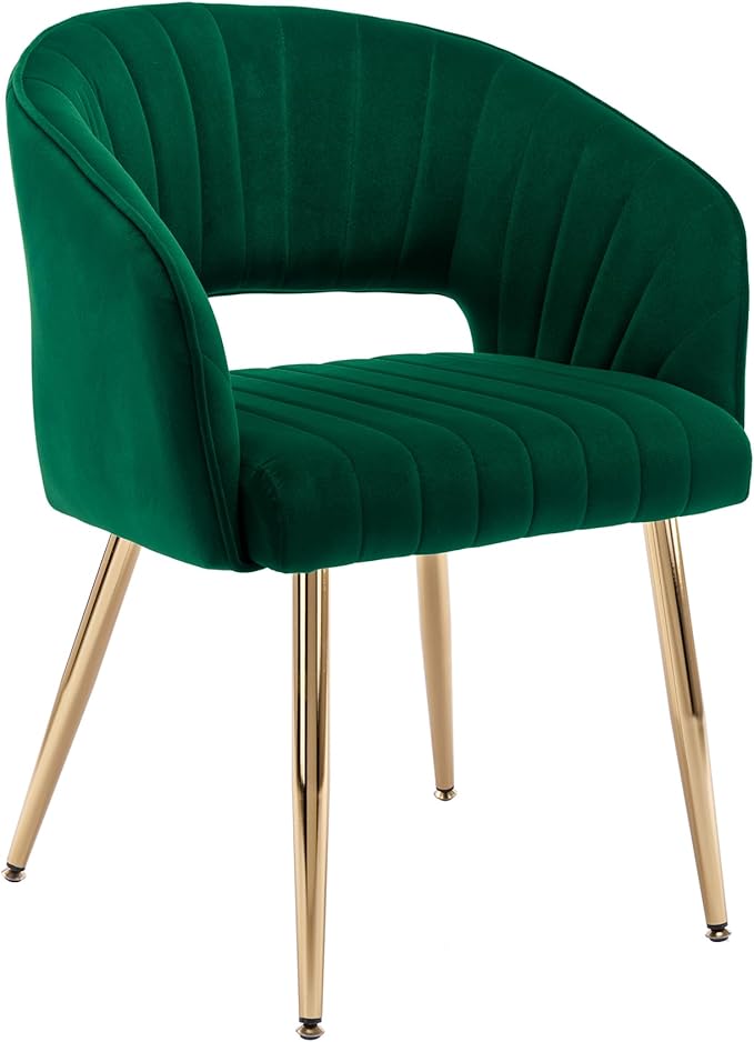 Home Office Chair Velvet Desk Chair Accent Armchair Upholstered Modern Tufted Chairs with Gold Legs for Girls Women Ergonomic Study Seat Computer Task Stools for Living Room(Green)