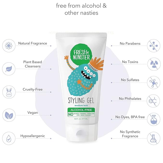 Fresh Monster Kids Hair Styling Gel, Medium Hold Alcohol-Free, Natural Hair Gel for Kids & Toddlers (6oz.)