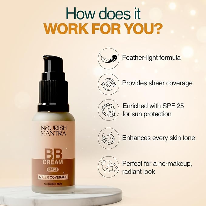 Nourish Mantra BB Cream with SPF 25 | Best For No-Makeup-Makeup Look | Enriched with Niacinamide & Aloe Vera | Suits All Skin Types | For Women | 15 ml