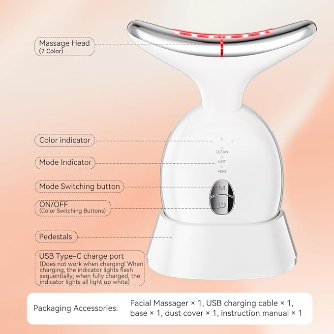 7 Color Facial Massager for Face and Neck, at-Home Face Sculpting Tool with Vibration (White)