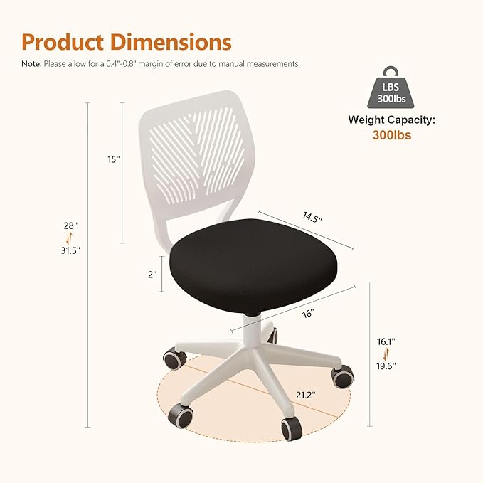 Armless Desk Chair, Height Adjustable Swivel Office Rolling Task Chairs with Soft Mesh Padded Cushion, Ergonomic Small Study Computer Chair for Girls Boys Teens (Black White, 1PC)