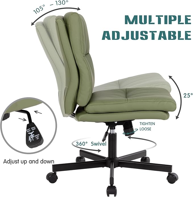 LUCKWIND Armless Office Desk Chair with Wheels,Double Padded PU-Leather Chairs for Office & Bedroom, 014 New (Green)