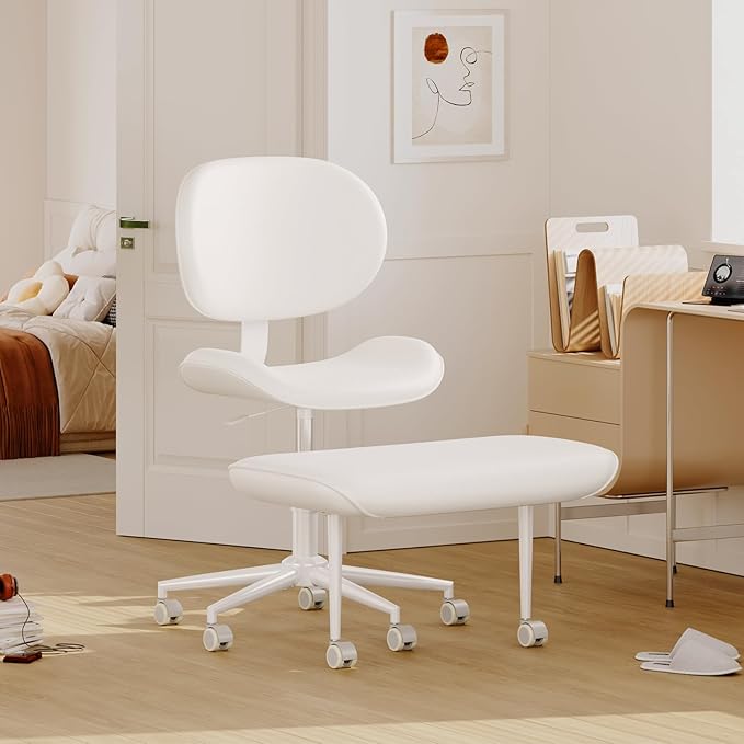 Upgraded Cross Legged Office Chair with Wheels, ADHD Chair for Adults, Wider Height Adjustable Backrest and Seat, Meditation Chair, Ergonomic & Yoga Office Chair, PU Leather, Beige, White