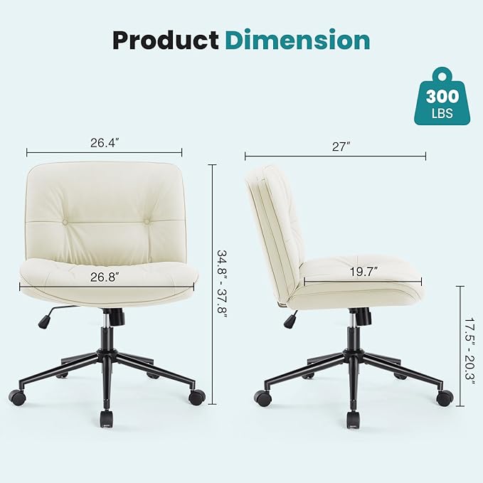 OLIXIS Criss Cross Chair with Wheels, Armless Wide Cross Legged Vanity Office Desk Chair with Comfy PU Leather& Back - Swivel for Home Office Bedroom, Beige