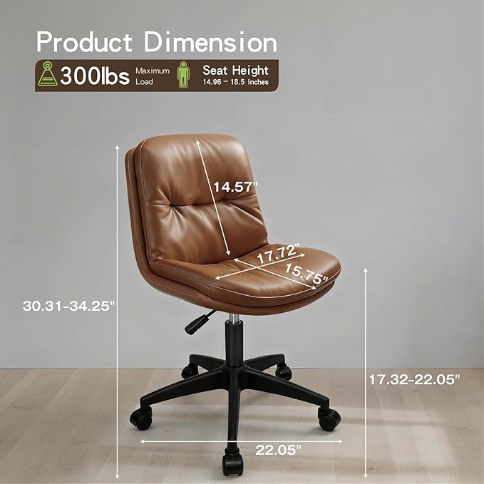Office Chair, Ergonomic Desk Chair with Padded Cushion & Backrest, Adjustable Height & 360° Swivel, Armless Task Chair for Home Office, Computer Desk & Vanity Brown