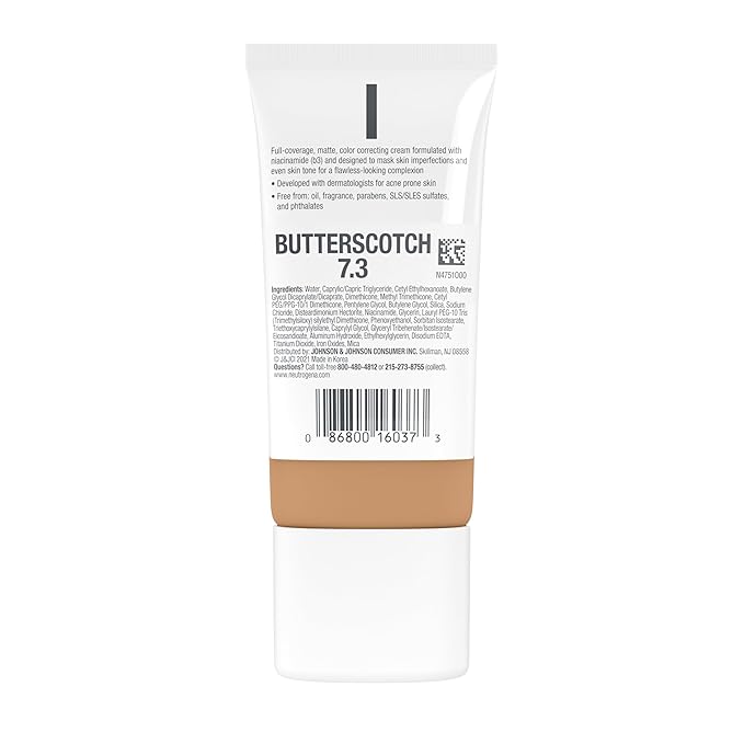 Neutrogena Clear Coverage Flawless Matte CC Cream, Full-Coverage Color Correcting Cream Face Makeup with Niacinamide (b3), Hypoallergenic, Oil Free &-Fragrance Free, Butterscotch, 1 oz