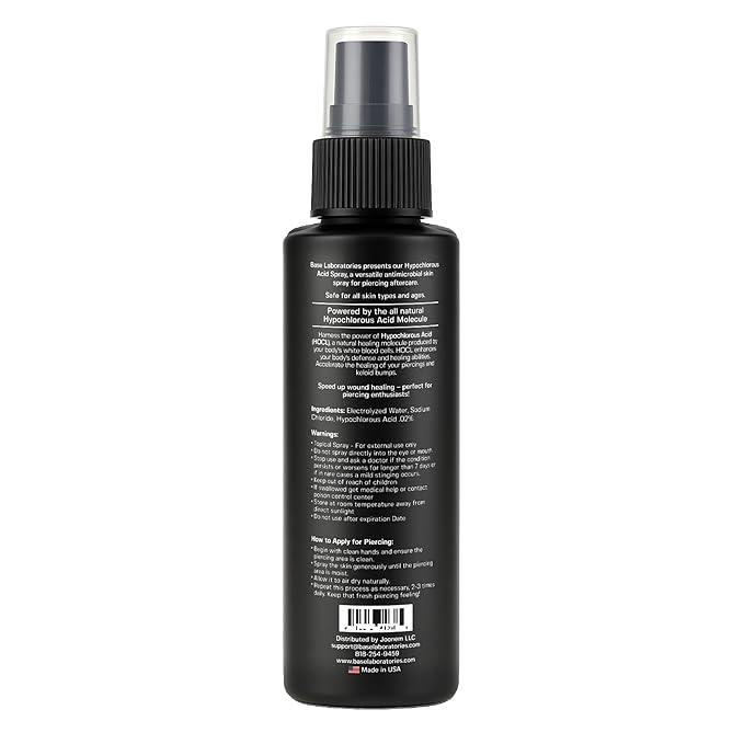 BASE LABORATORIES Piercing Aftercare Hypochlorous Acid Spray PRO - 8 OZ | Ear Piercing Cleaner | Saline Solution Piercing Aftercare - Saline Spray for Piercings, Bumps & Keloids | Ear, Nose, Belly