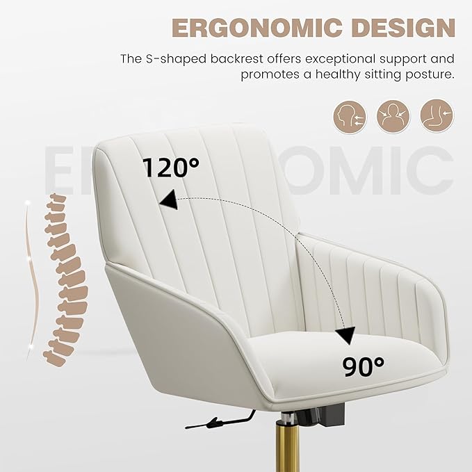 YISHENG Velvet Home Office Chair with Gold Base Upholstered Tufted Modern Height Adjustable 360 Degree Swivel Desk Chair with Wheels, Vanity Chairs for Living Room, Bedroom,Study Room (Cream)