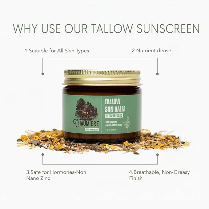 Tallow Sunscreen SPF 50 – Herb-Infused Balm with Non-Nano Zinc, Carrot Seed Oil & Grass-Fed Tallow – Natural Face & Body Moisturizer, Reef Safe, Organic Ingredients, Made in USA – 2.5x3 oz