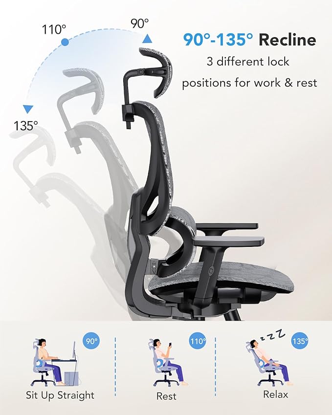 HUANUO Ergonomic Mesh Office Chair with 5-Level Lumbar Support, Computer Gaming Chair with Adjustable Headrest & Armrests, Rocking Tilt, Comfortable High Back Desk Chair for Home Office