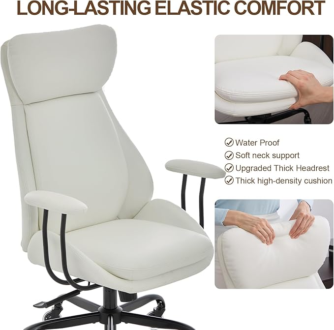 Office Chair, Leather Desk Chair with Rubber Wheels, Ergonomic Computer Chair 500 LBS with Lumbar Support, High Back Executive Chair for Modern Home Office, White