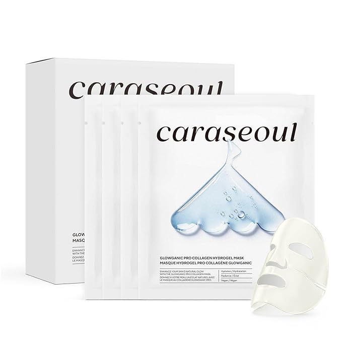caraseoul Glowganic Pro Collagen Face Mask, Hydrogel Korean Face Mask with Niacinamide & Adenosin, Radiance Boost, Hydrating Overnight Sleep Mask, Vegan, Korean Skin Care [1.19oz (34g) x 4ea]