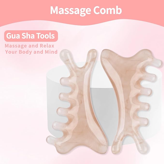 2 Pcs Gua Sha Facial Tools 4-in-1 Guasha Tool for Face Neck Eye Jaw, Gray Resin Massage Comb Head SPA Brush Scalp Massager for Hair Growth Body Tension Relief Lymphatic Drainage