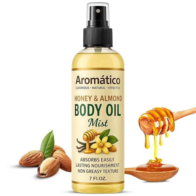 Honey & Almond Body Oil Mist for Women – 7 fl oz | Lightweight, Non-Sticky, Spray-on formula for Daily use After Shower | Moisturized, Soft, Glowing Skin | Cozy Honey & Almond Scent