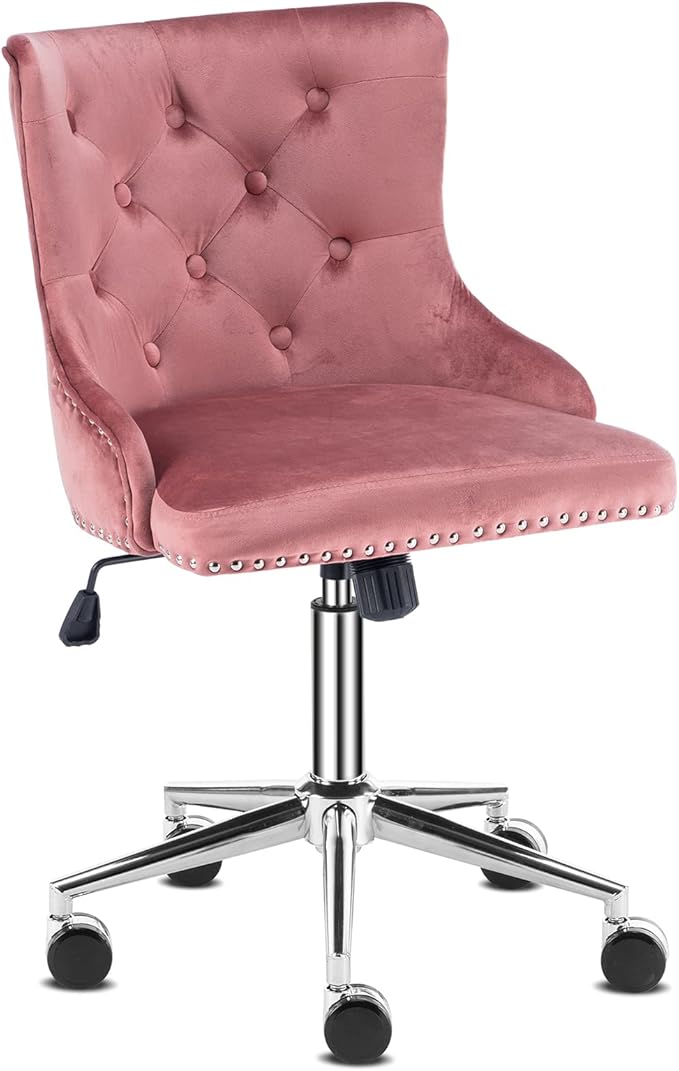 VINGLI Velvet Office Chair - Modern Upholstered Desk Chair with Adjustable Height, Tilting Mechanism, and Rolling Wheels - Pink