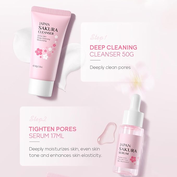 Skin Care Sets for Teenage Girls, Sakura Skin Care Sets & Kits Women Beauty Gift Set with Cleanser, Mud Mask, Toner, Serum, Eye Cream, Facial Cream, and Sunscreen, Birthday Gift for Women and Girls