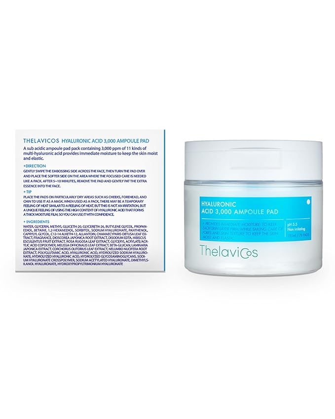 Hyaluronic Acid 3,000 Ampoule Pad | intense moisturizing hydrating toner pad mask for dry skin, skin firming elasticity & pore tightening | Korean Skincare for sensitive skin (70 pads)