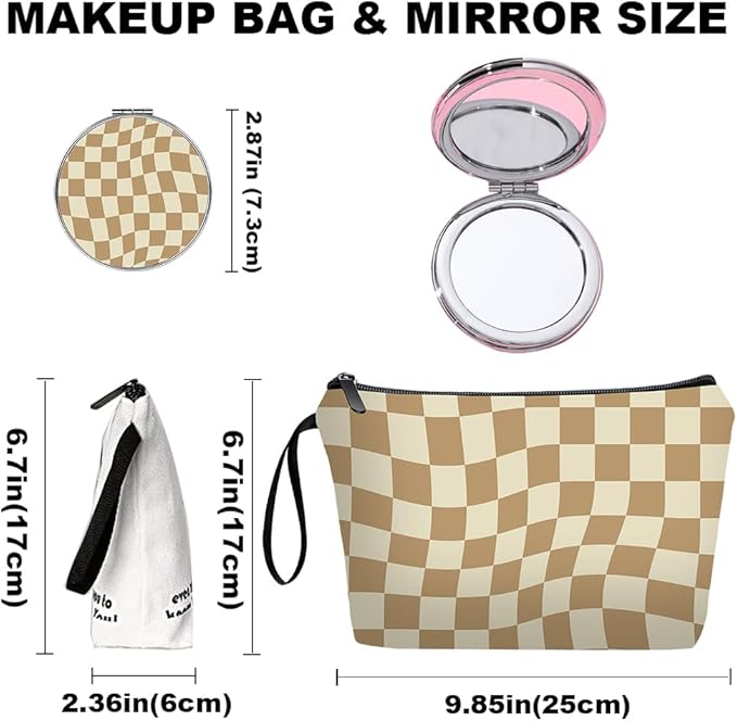 Personalized Brown Checkered Makeup Bag set with Mirror for Women, Checkered Travel Cosmetic bag kit with10 pieces pink brush set，Brown Plaid Gifts for Girls Mom Femal Friends