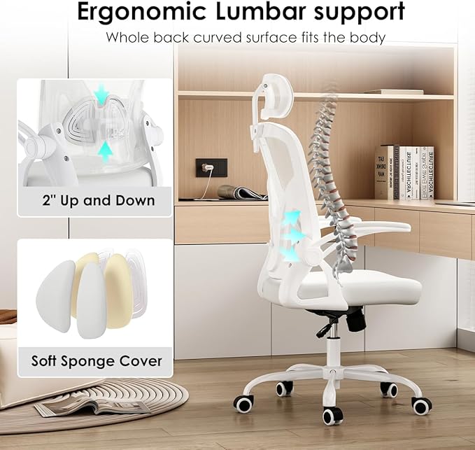 Farini Ergonomic Office Chair, Home Office Desk Chair with Headrest, High Back Swivel Computer Chair with Armrests and Adjustable Lumbar Support for Home Office Study Room, White & White