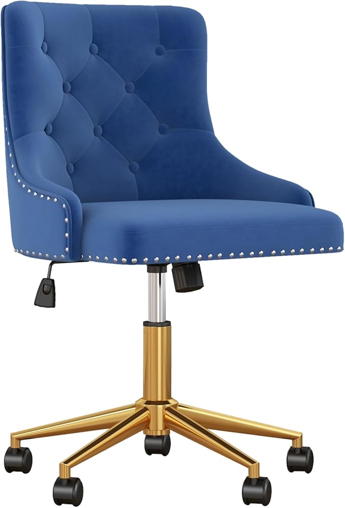 Velvet Armless Home Office Desk Chair, Swivel Height-Adjustable Small Cute Vanity Chair for Women/Girls, Comfy Makeup Chair with Rivet and Gold Base for Living Room, Bedroom(Blue)