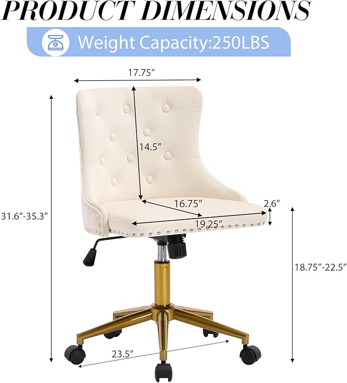 Velvet Armless Home Office Desk Chair, Swivel Height-Adjustable Small Cute Vanity Chair for Women/Girls, Comfy Makeup Chair with Rivet and Gold Base for Living Room, Bedroom(Beige)