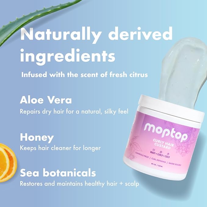 MopTop Curly Hair Gel Custard - Styling Gel for Moisturizing and Defining Soft Curls, Lightweight and Anti Frizz, Curly Hair Products for Waves, Coils & Kinks (Citrus Kumquat, 16oz)
