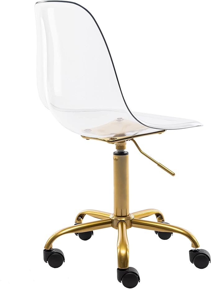 HOMEFUN Clear Desk Chair, Acrylic Rolling Armless Vanity Swivel Height Adjustable Ghost Molded Plastic Home Office Chairs with Golden Feet