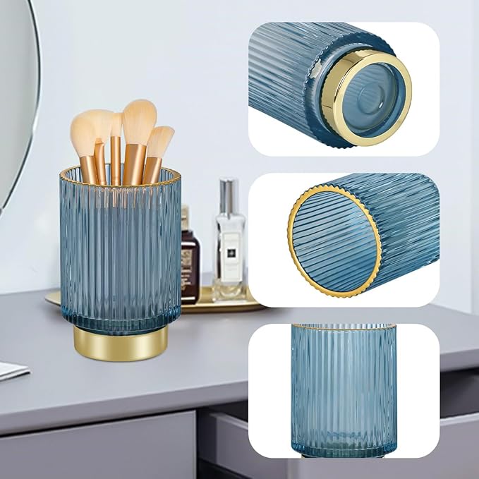 Vintage Makeup Brush Holder Organizer,Dresser Glass Brushes Holder,Vanity Cosmetic Brush Holder,Desktop Crystal Eyeliners Eyebrow Pencil Storage Cup Holder for Countertop (Large Blue)