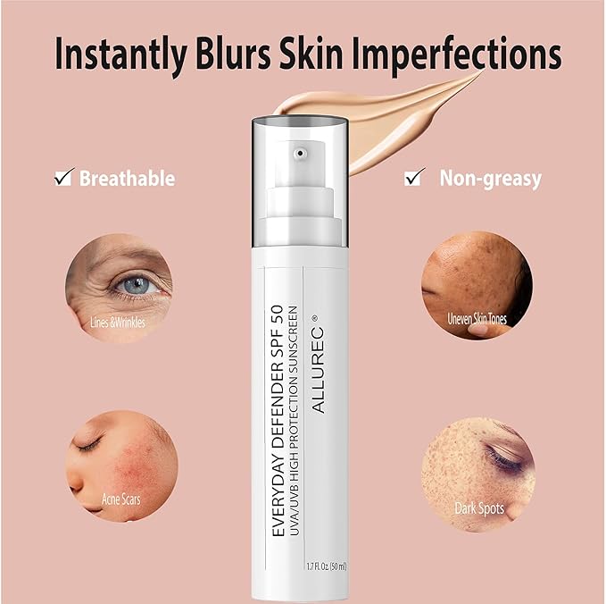 ALLUREC Tinted Mineral Sunscreen for Face SPF 50 PA++++ Broad-Spectrum UVA/UVB High Protection Facial Lotion Moisturizer with Titanium Dioxide & Zinc Oxide. Blur Pores Wrinkles Spots Instantly.