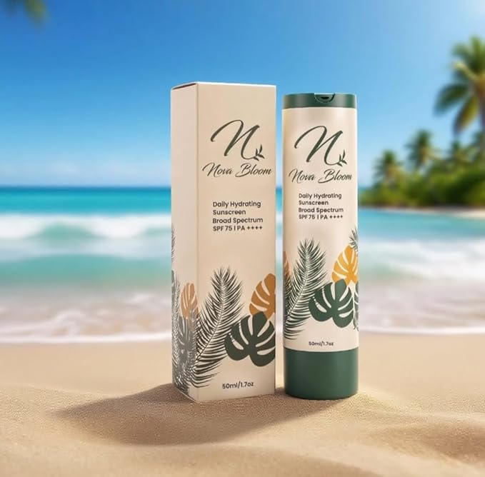 Nova Bloom Daily Hydrating Sunscreen Cream, Broad Spectrum SPF 75, PA++++, Lightweight, Non-Greasy Formula Crafted with Vitamins A, C and E, 50ml/1.7oz