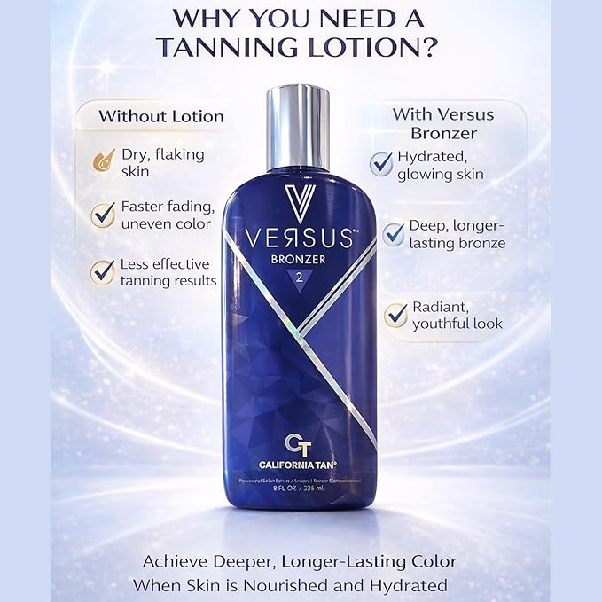Versus Bronzer Step 2 DHA Indoor Tanning Bed Lotion, Outdoor UV Sun Tan Instant & Delayed Dark Bronzing Cream, Skin Hydrating & Antioxidant Formula, 8 fl oz