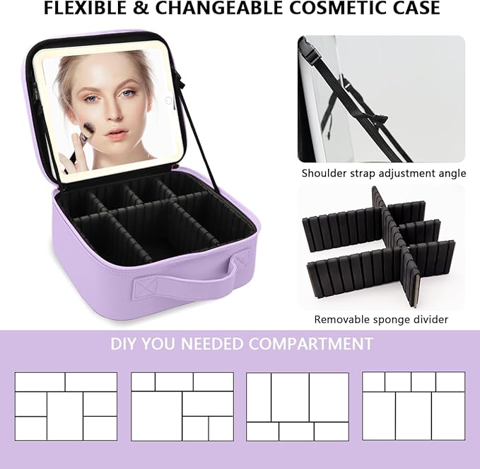 Makeup Bag with Mirror,with Mirror 3 Color Setting and Detachable 10x Magnifying Mirror Large Vanity Makeup Cases,Portable Storage and Adjustable Dividers, for Women and Makeup Artists-Purple