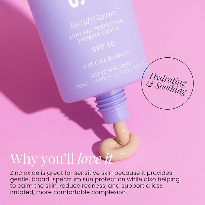 Naked Sundays BeautyBarrier Mineral Perfecting Priming Lotion SPF 50 – Sensitive Skin Mineral Sunscreen Primer with Zinc Oxide & Centella Asiatica (Cica), 50ml