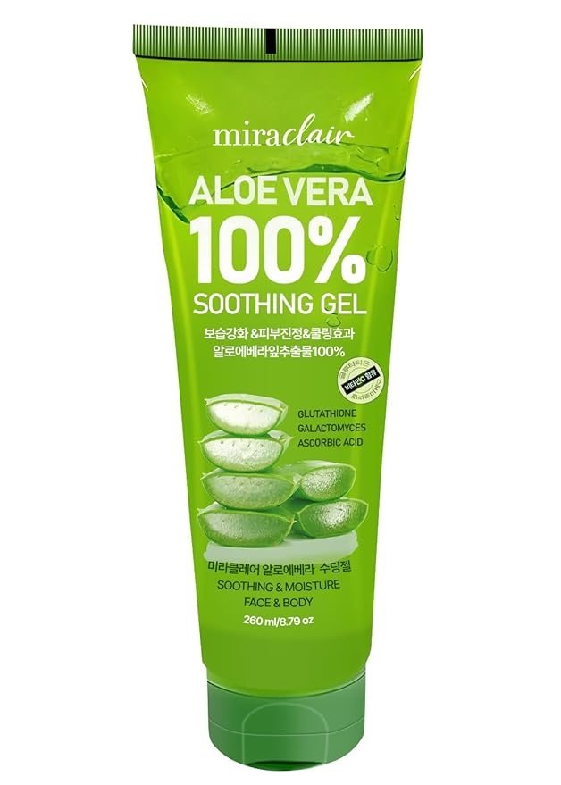MIRACLAlR Aloe Vera Gel | 100% Pure Aloe Gel for Face, Body & Sunburn Relief, Aloe Vera for Burns - Durable Moisturizing Hydrating Soothing, Squeeze-on Mask, Made in Korea, Travel Size, 8.79 oz
