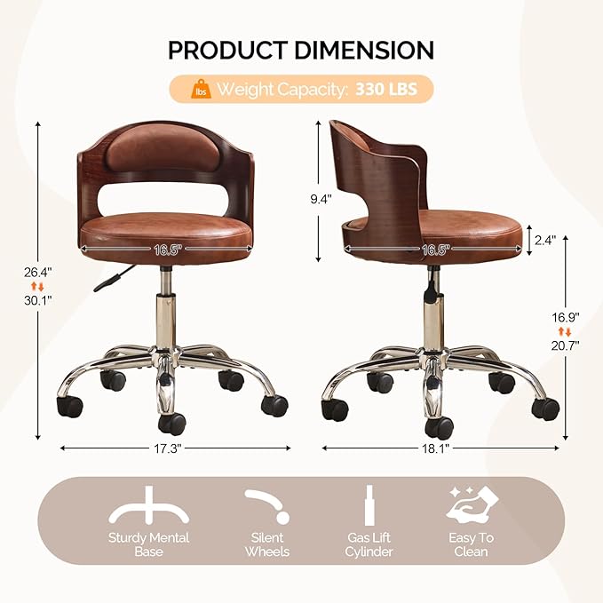 VINGLI Armless Home Office Desk Chair, Adjustable Swivel Chair,Dual-Use with/no Wheels,Small Retro Designed Walnut Curved Task Chair,Cushioned Nail Tech Chair for Study Area,Workspace,PU,Brown