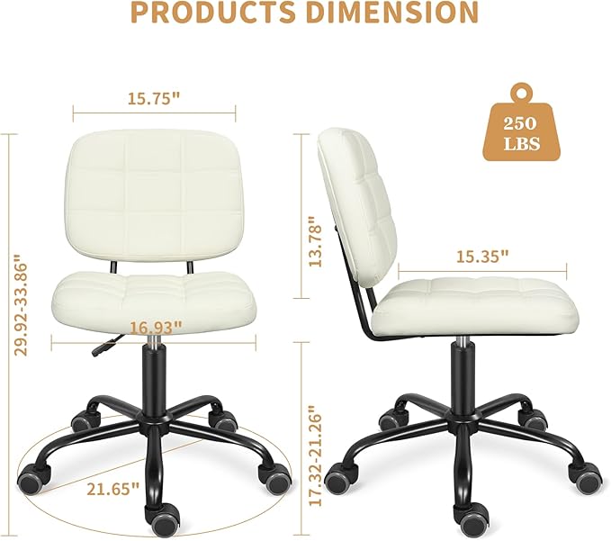 Armless Home Office Desk Chair with Wheels, Modern Ergonomic Drafting Rolling Chair with 360° Swivel Wheels,Height Adjustable Computer Task Chairs for Small Space, White