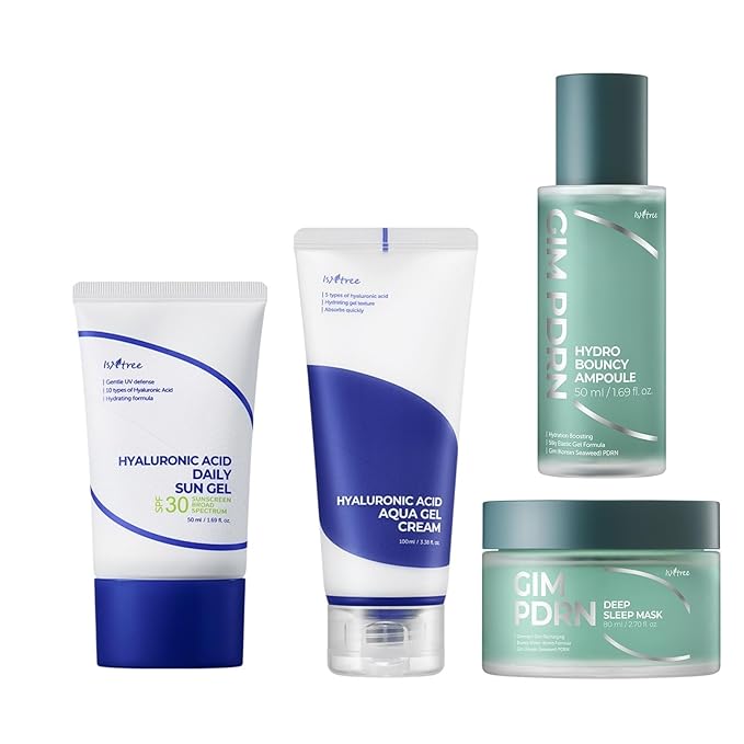 ISNTREE Hydration & Firming Skincare Set – Hyaluronic Acid Sun Gel + Aqua Gel Cream + PDRN Ampoule + Sleeping Mask | Korean Skincare Routine Bundle