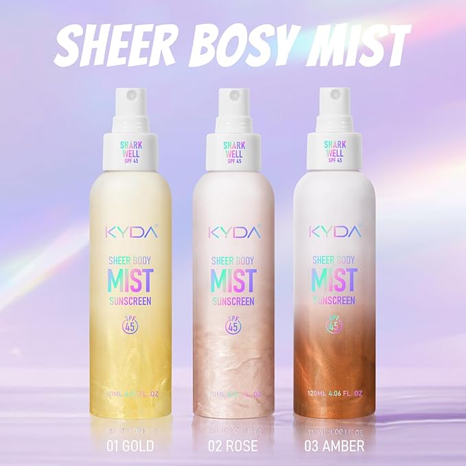Sheer Body Sunscreen Mist, SPF 45 Ultra-fine Glowing Spray, Lightweight Hydrating Non-Greasy Quick Drying, Infused with Shimmering Radiant Glow Sunscreen Body Oil Mist-Rose,4.06 fl oz