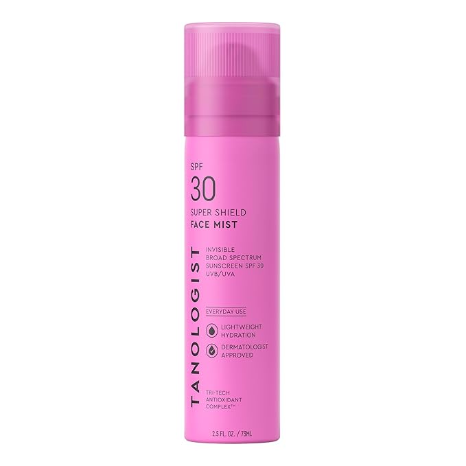 Tanologist SPF 30 Super Shield Face Mist, Broad Spectrum SPF Face Sunscreen Spray, Lightweight Non-Greasy Mist with Antioxidants, Cooling Formula, 2.5 fl. oz/73 ml Bottle