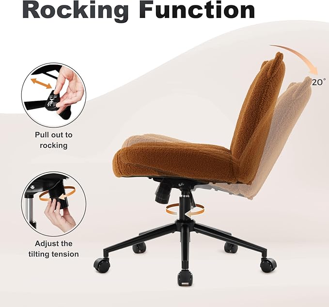 IWMH Armless Office Desk Chair with Wheels,Ergonomic Criss Cross Legged Computer Chair with Fabric Padded, Height Adjustable Wide Seat Vanity Chair,Mid Back Task Chair for Home, Bedroom (Brown)