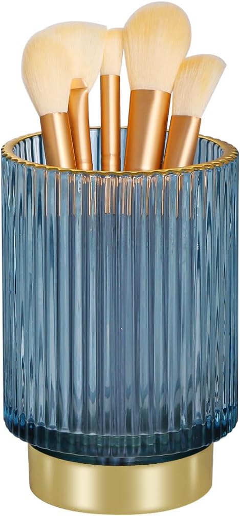 Vintage Makeup Brush Holder Organizer,Dresser Glass Brushes Holder,Vanity Cosmetic Brush Holder,Desktop Crystal Eyeliners Eyebrow Pencil Storage Cup Holder for Countertop (Large Blue)