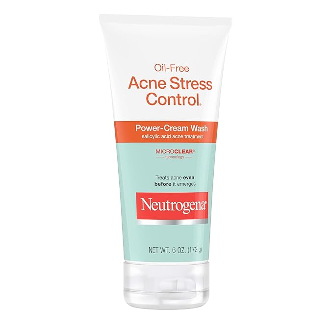 Neutrogena Oil-Free Acne Stress Control Power-Cream Face Wash with 2% Salicylic Acid Acne Treatment Medication, Soothing Daily Acne Facial Cleanser for Acne-Prone Skin Care, 6 foz