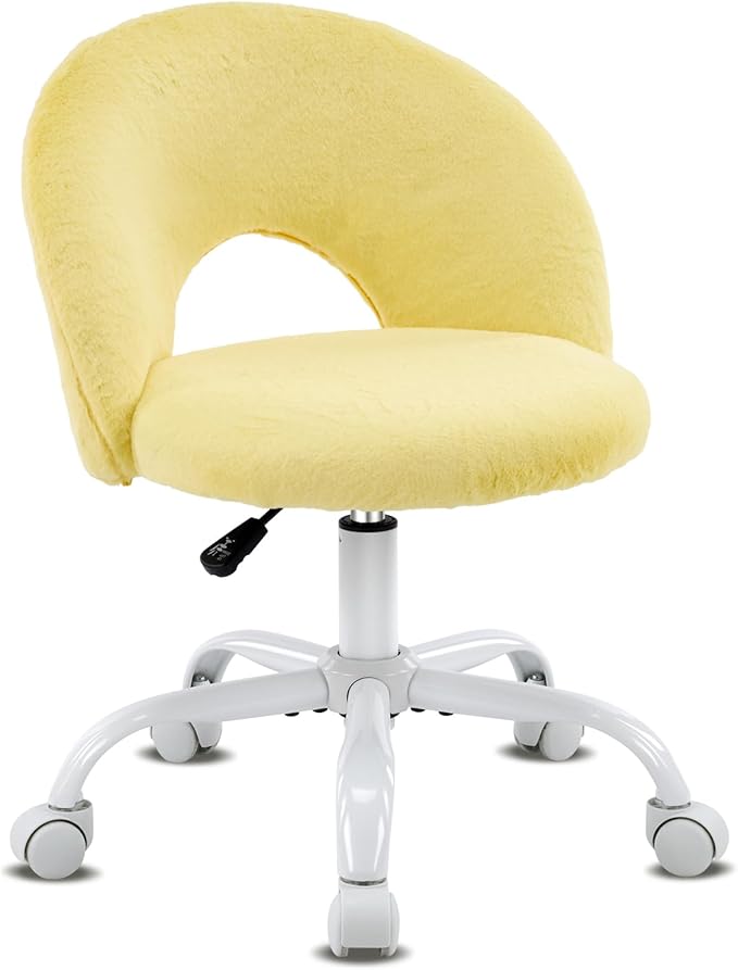 VINGLI Small Vanity Chair with Faux Fur Wheels for Girls,Cute Adjustable Height Armless Office Desk Chair,360°Swivel Comfy Rolling for Study,Make up Room,Small Space,Yellow