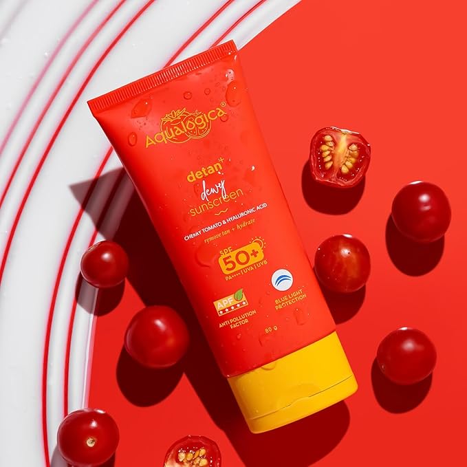 Aqualogica Detan+ Dewy Face Sunscreen with SPF 50+ & PA++++ | Blue Light Protection & No White Cast | Fights Sun Damage with Cherry Tomato & Hyaluronic Acid | 2.82 Oz/80g