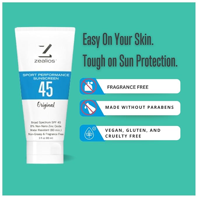 Zealios Sport Performance Original SPF 45 Hybrid Sunscreen 3 oz - Broad Spectrum, Water & Sweat Resistant (80 min) Non-Greasy, 8% Non-Nano Zinc Oxide Lotion for Swimming, Running & Cycling, Kids